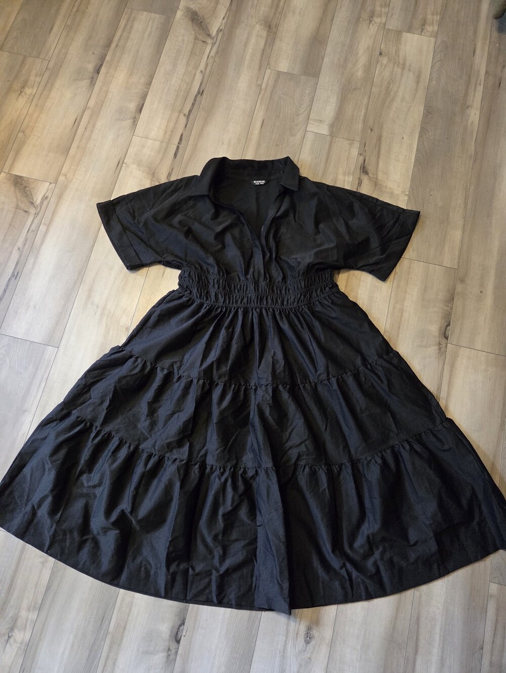 BloomChic Black Tiered Midi Dress with Shirred Waist